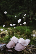 Load image into Gallery viewer, beige slip on sheepskin slippers, grey fur natural leather, rubber sole, Handmade in Poland, by Bamboshe