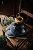 Load image into Gallery viewer, soft grey sheepskin slippers on rubber sole, very comfy and worm, natural fibre, sustainable product, women's footwear, high quality slip- on slippers, indoor shoes,