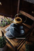 Load image into Gallery viewer, soft grey sheepskin slippers on rubber sole, very comfy and worm, natural fibre, sustainable product, women's footwear, high quality slip
