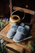 Load image into Gallery viewer, soft grey sheepskin slippers on rubber sole, very comfy and worm, natural fibre, sustainable product, women's footwear, high quality slip