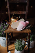 Load image into Gallery viewer, soft pink sheepskin slippers on rubber sole, very comfy and worm, natural fibre, sustainable product, women's footwear, high quality slip-on shoes