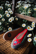 Load image into Gallery viewer, Traditional Polish felt slippers, folk embroidery, red and grey felt, with flowers pattern, Slippers ballerinas