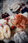 Load image into Gallery viewer, sheepskin moccasins with fur, handmade in Poland, traditional polish slippers mede with leather offcuts, leather sole, women slippers, indoor shoes