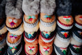 Load image into Gallery viewer, sheepskin moccasins with fur, handmade in Poland, traditional polish slippers mede with leather offcuts, leather sole, women slippers, indoor shoes