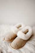 Load image into Gallery viewer, Beige sheepskin leather with white fur, women indoor boots, rubber sole made by Bamboshe, soft sheep leather