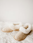 Load image into Gallery viewer, Beige sheepskin leather with white fur, women indoor boots, rubber sole made by Bamboshe, soft sheep leather