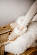 Load image into Gallery viewer, Beige sheepskin leather with white fur, women indoor boots, rubber sole made by Bamboshe, soft sheep leather