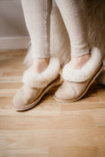 Load image into Gallery viewer, Beige sheepskin leather with white fur, women indoor boots, rubber sole made by Bamboshe, soft sheep leather