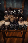 Load image into Gallery viewer, Baby and newborn footwear baby booties in dark brown or black colour wit the sheepskin cuff, Natural leather product
