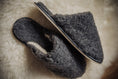 Load image into Gallery viewer, slip-on slippers, grey wool slippers, men's footwear, house shoes, lightweight slippers, natural fibre, rubber sole, comfortable house footwear, warm and cosy, gift for him, bamboshe footwear