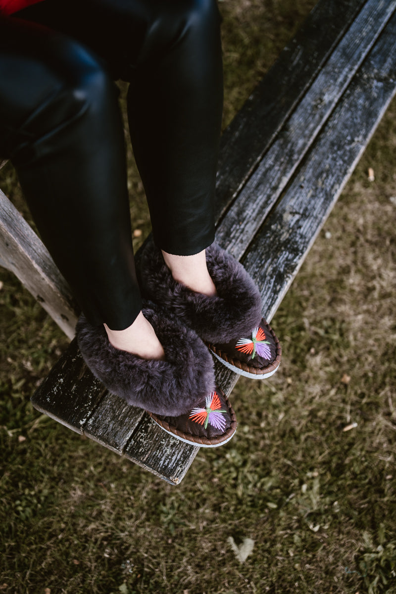 sheepskin moccasins with fur, handmade in Poland, traditional polish slippers mede with leather offcuts, leather sole, women slippers, indoor shoes