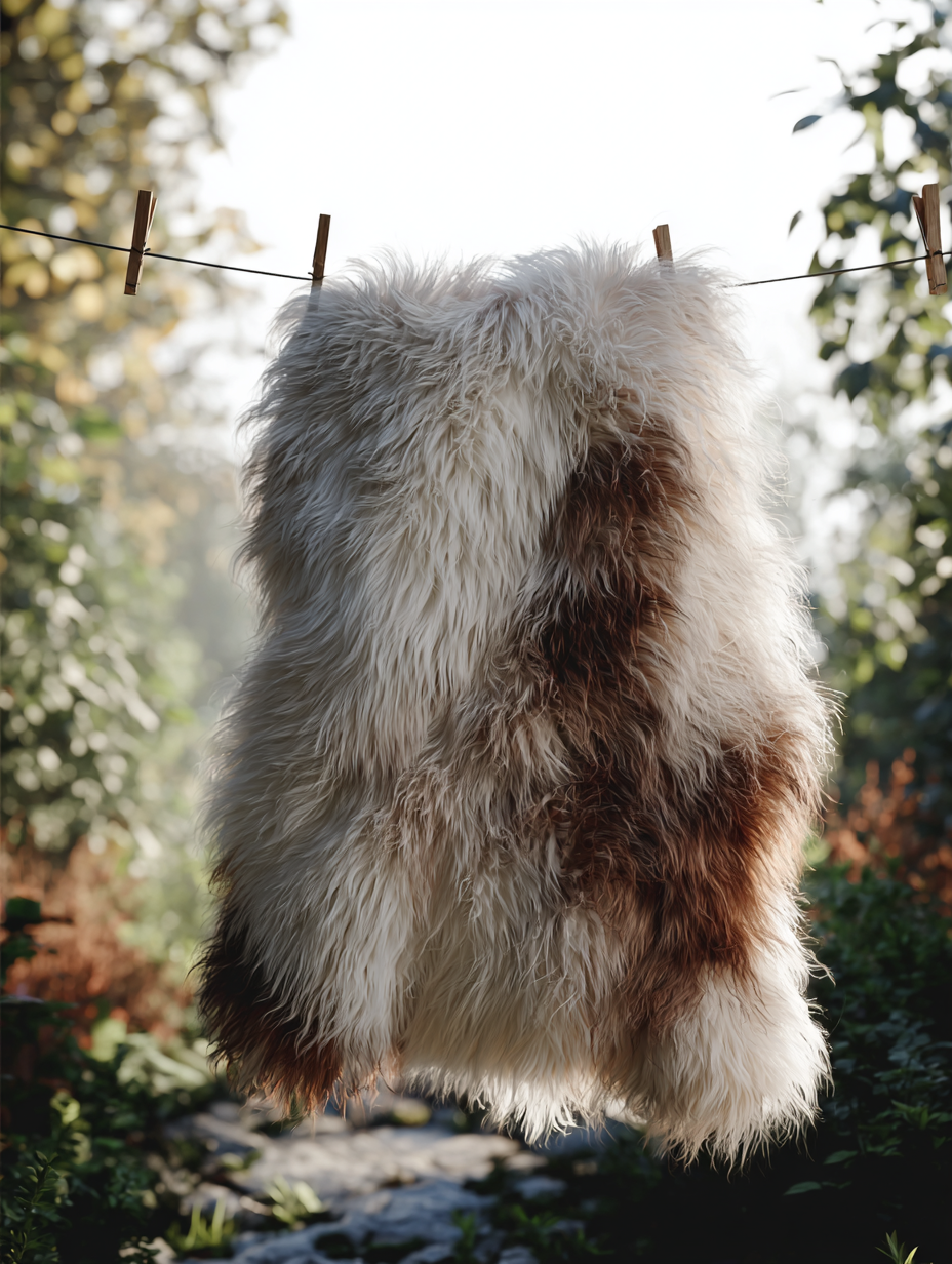 Fluffy cream Icelandic sheepskin rug hanging on a clothesline with wooden pegs in a sunlit garden, long natural wool fibres visible against a soft green background.