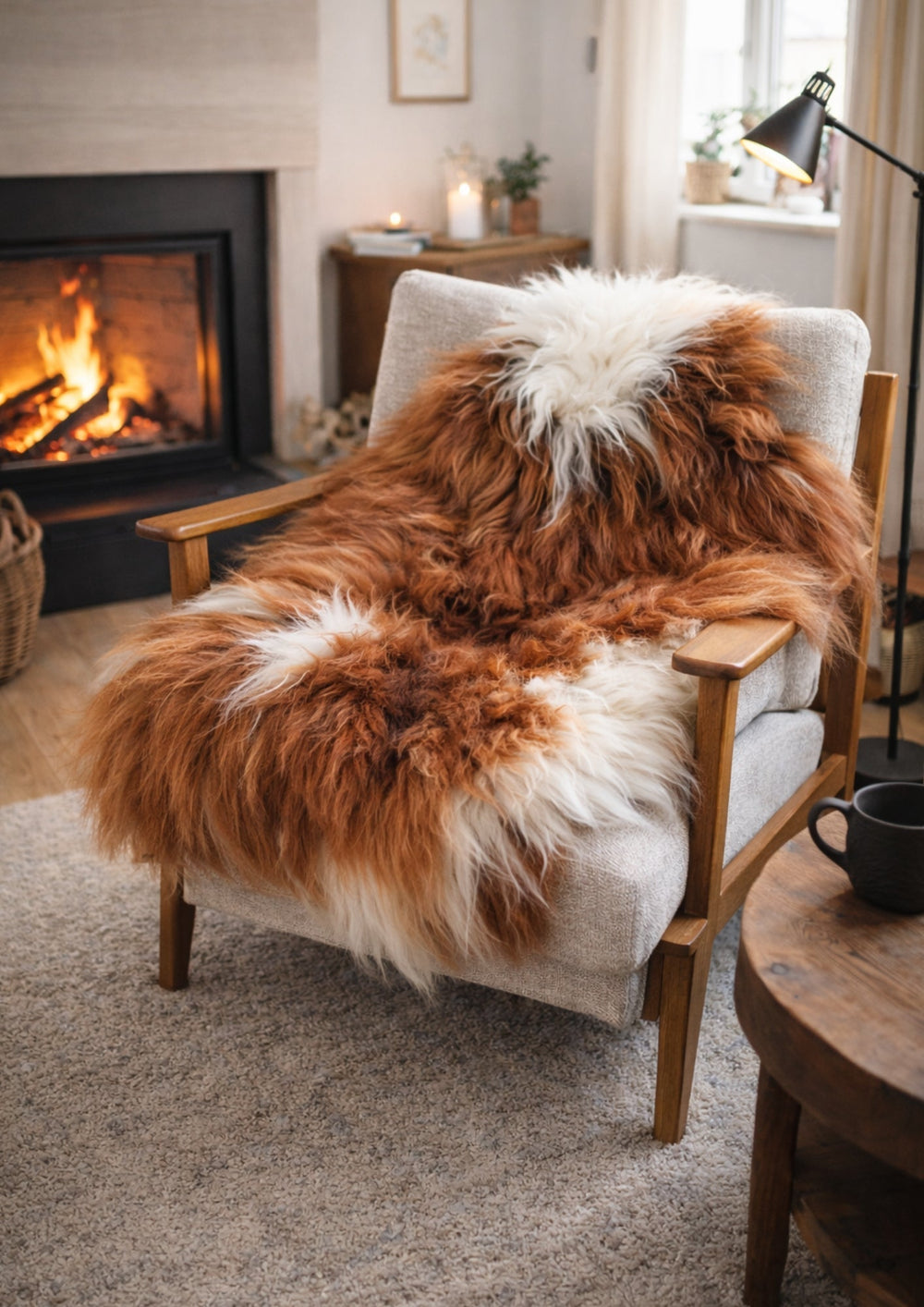 brown and cream icelandic sheepskin rug on chair in Scandinavian style interior