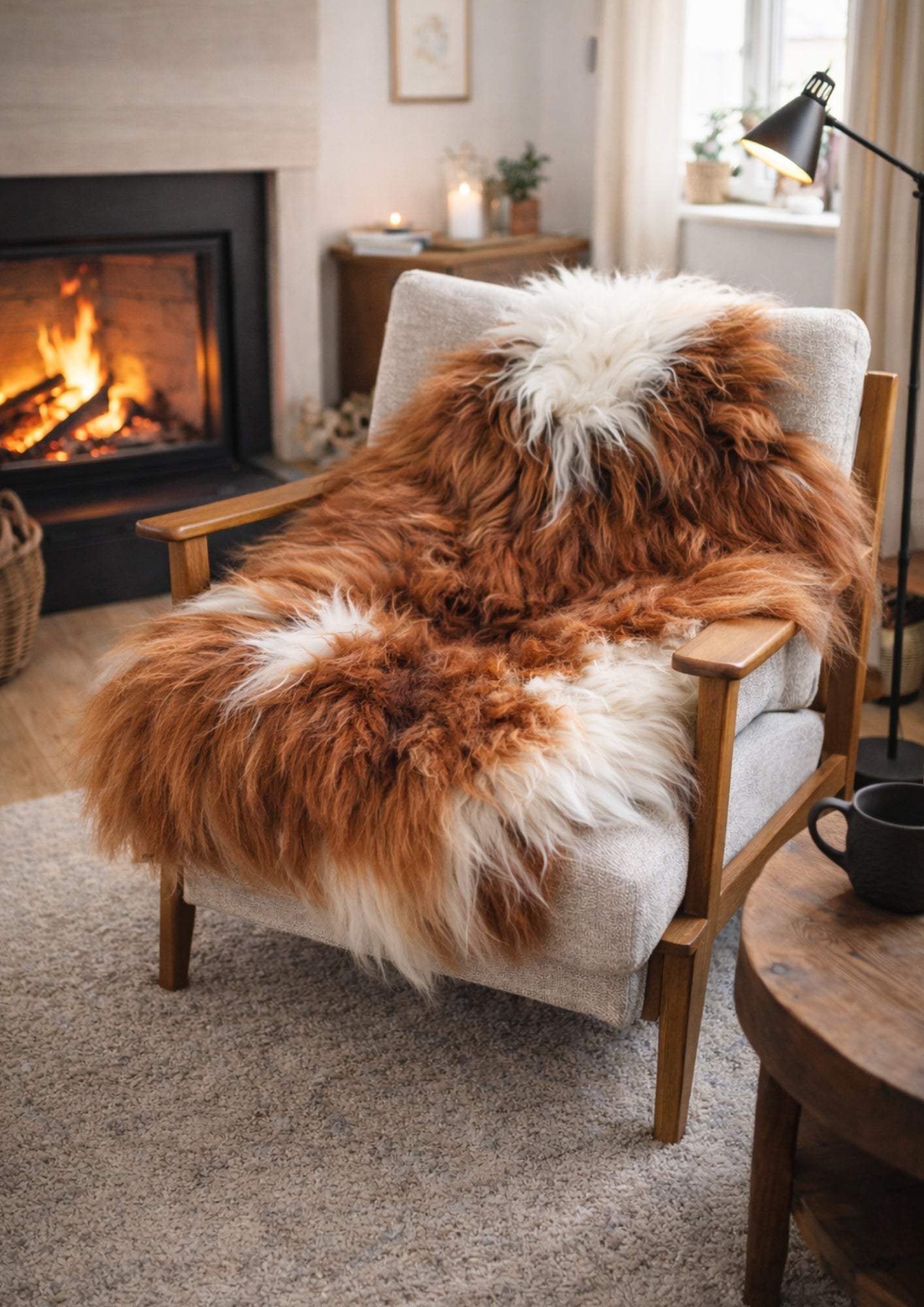 brown and cream icelandic sheepskin rug on chair in Scandinavian style interior