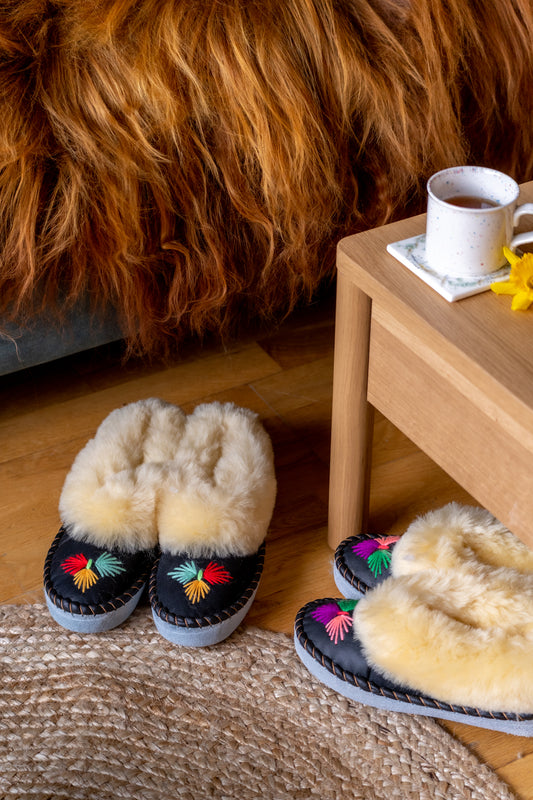 Black Sheepskin Slippers with Cream Cuff