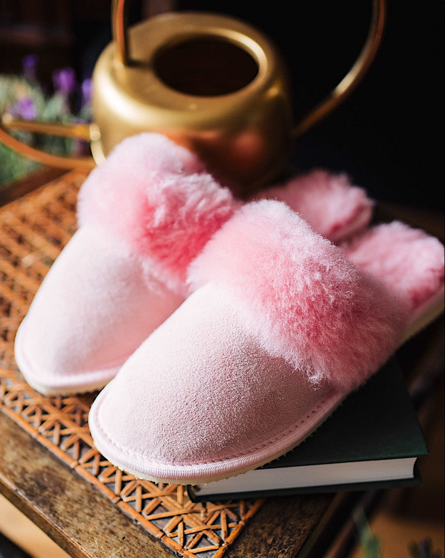 Premium Sheepskin Slippers – Handmade Natural Wool – Luxury Warm Slippers Pink colour