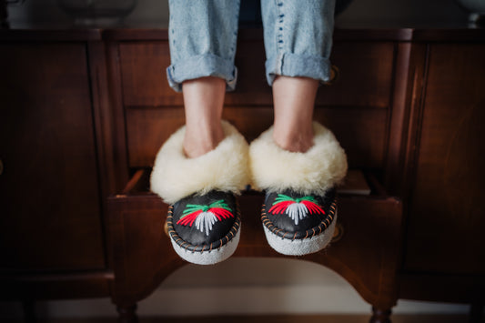 Black Sheepskin Slippers with Cream Cuff