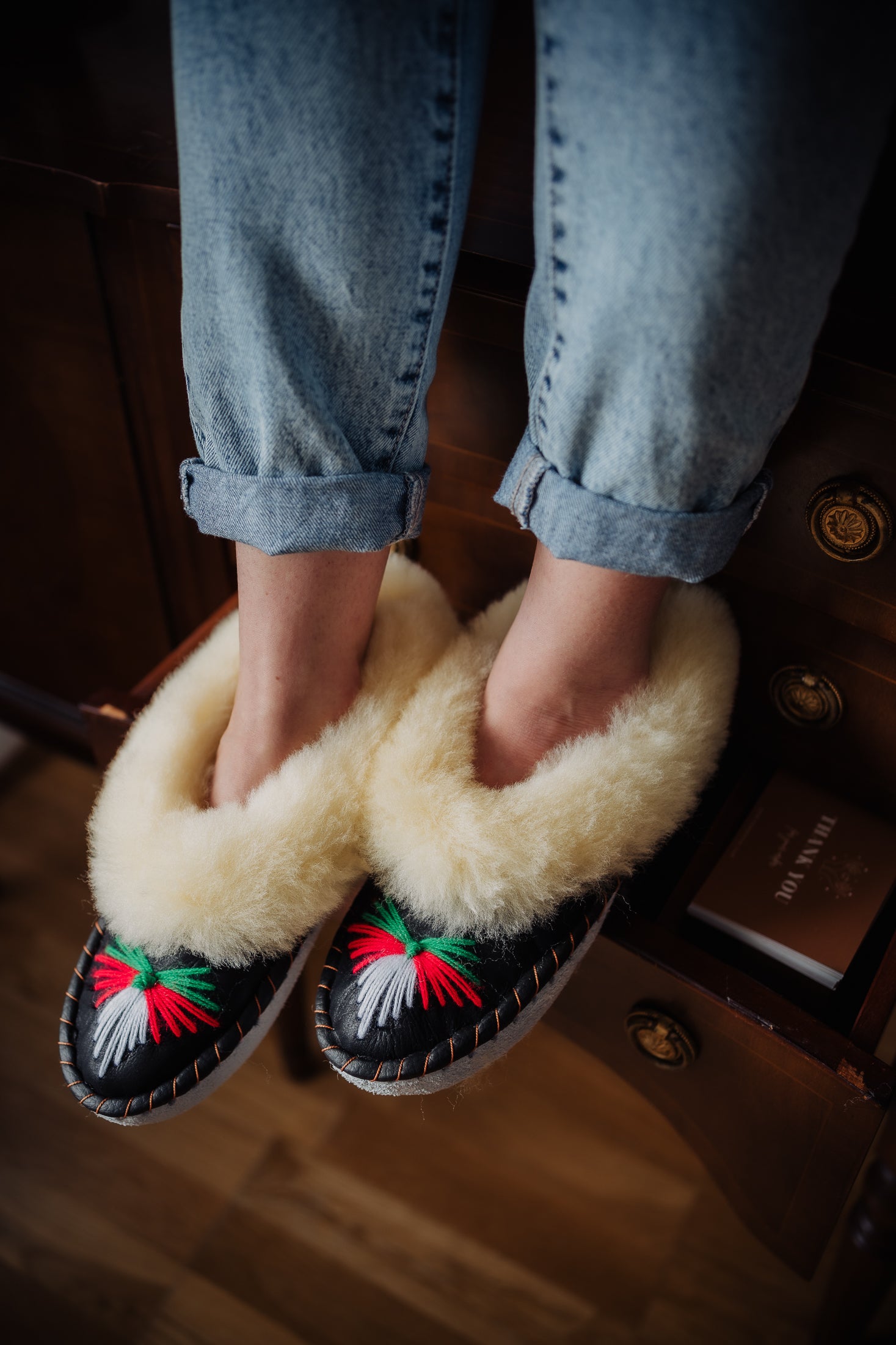 Black Sheepskin Slippers with Cream Cuff
