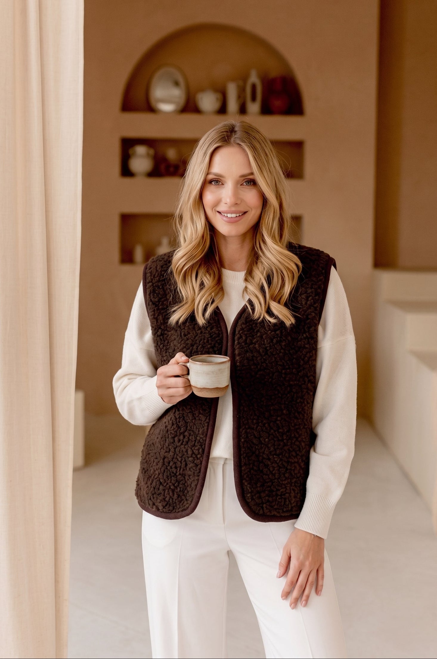 A woman stands indoors wearing a dark brown sherpa fleece vest over a white long-sleeve top and white pants, holding a ceramic mug. The background is a warm beige room with built-in shelves and soft lighting.