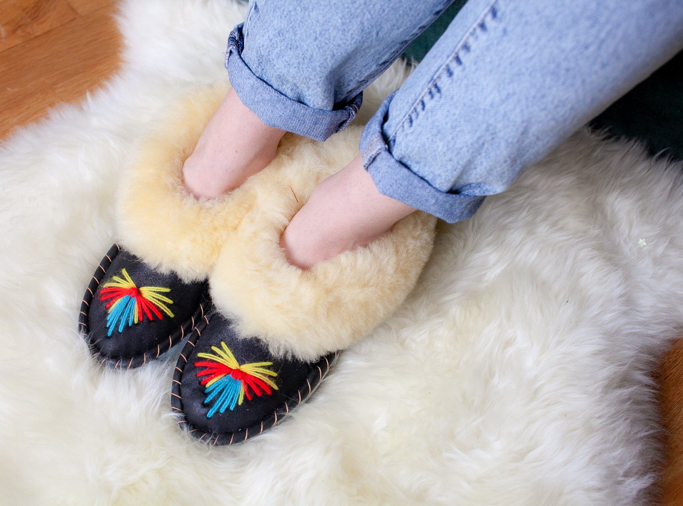 Black Sheepskin Slippers with Cream Cuff