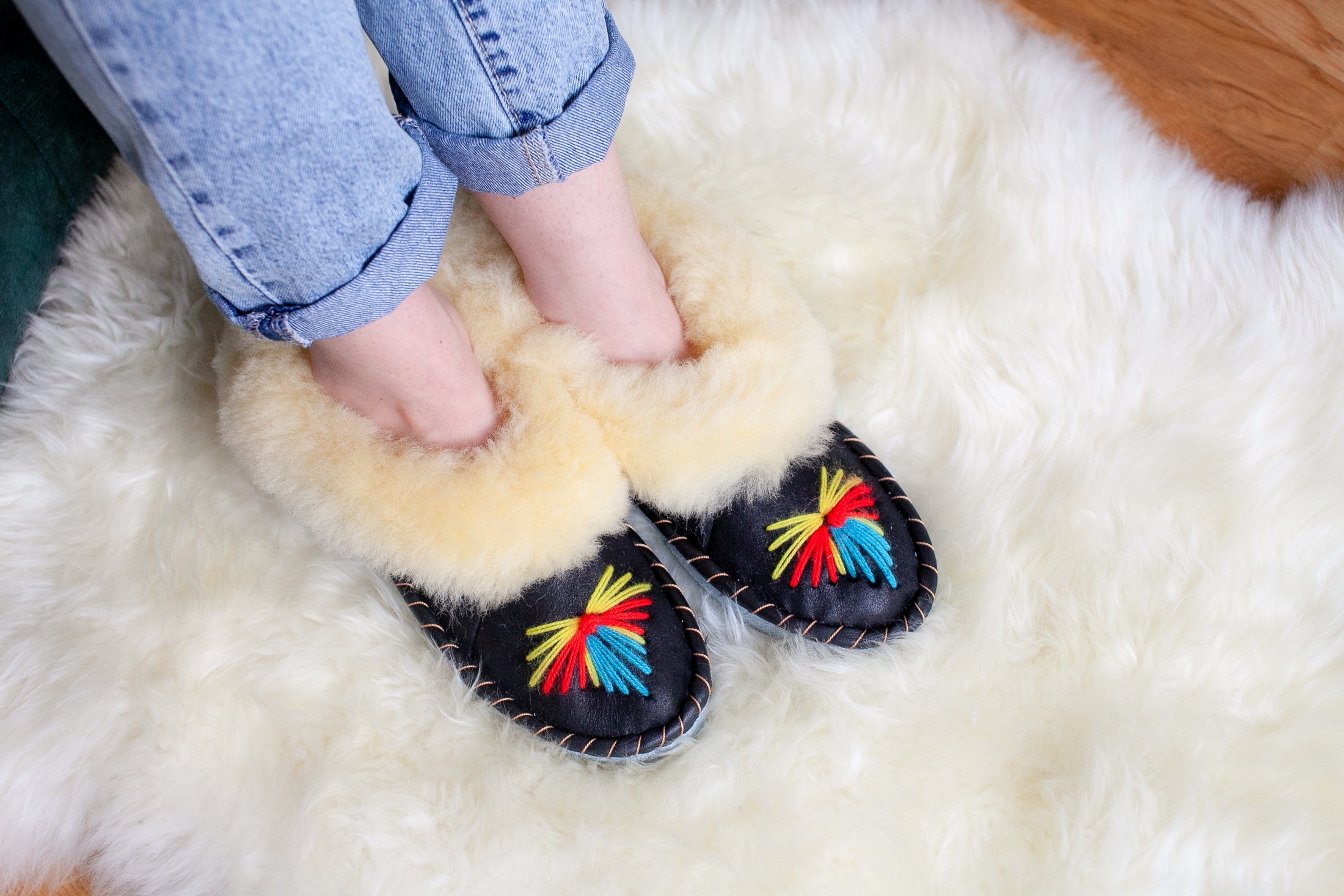Black Sheepskin Slippers with Cream Cuff