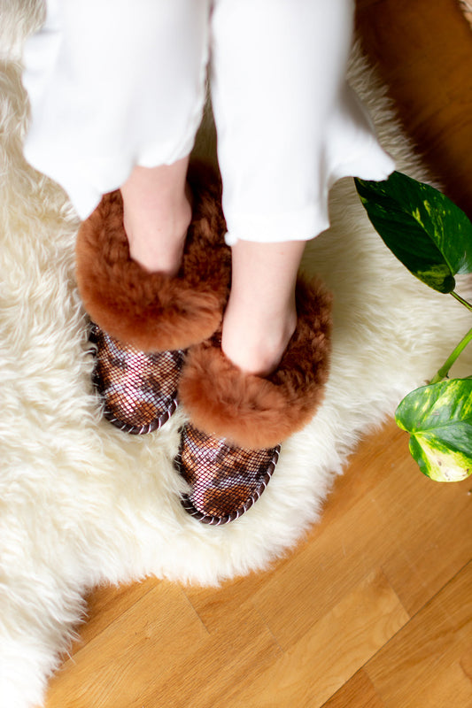 Brown Sheepskin Slip-On Slippers with Leather Sole