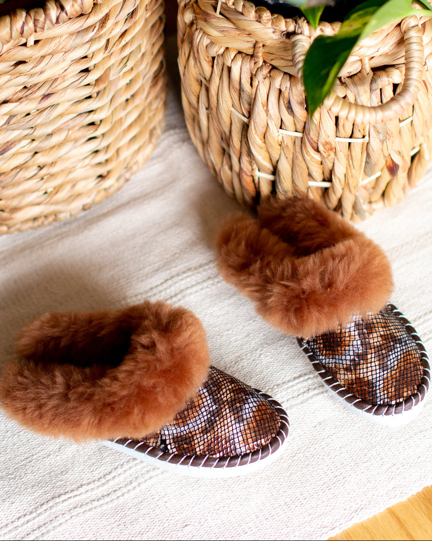 Brown Sheepskin Slip-On Slippers with Leather Sole