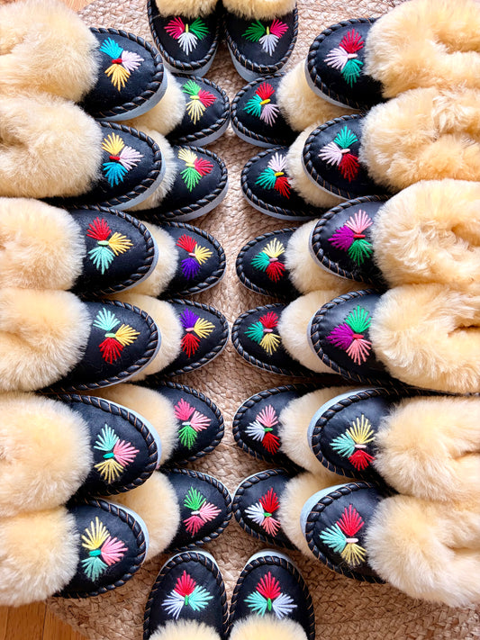 Black Sheepskin Slippers with Cream Cuff