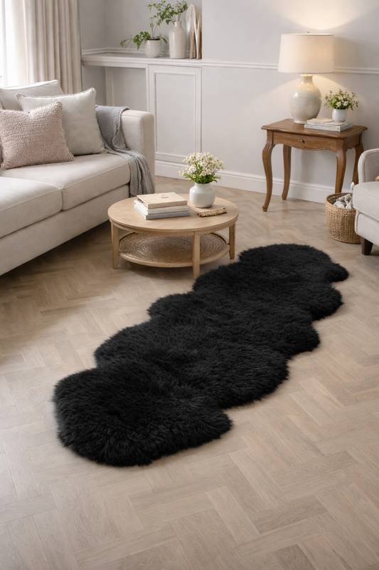 double sheepskin rug in black colour living room decor