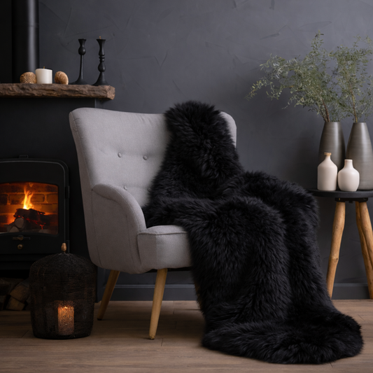 Double Sheepskin Rug – Real Natural Sheepskin – Black Scandinavian Sheepskin Throw