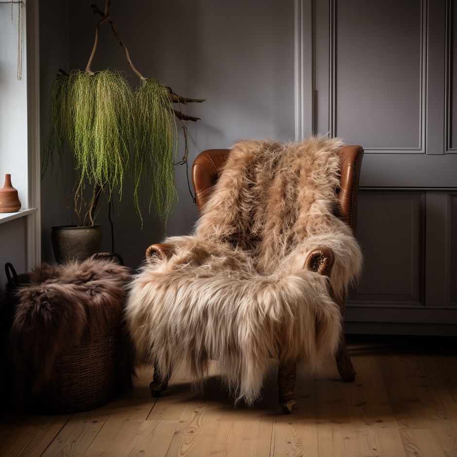Ginger Sheepskin rug, highland cow colour, in cosy stylish interior