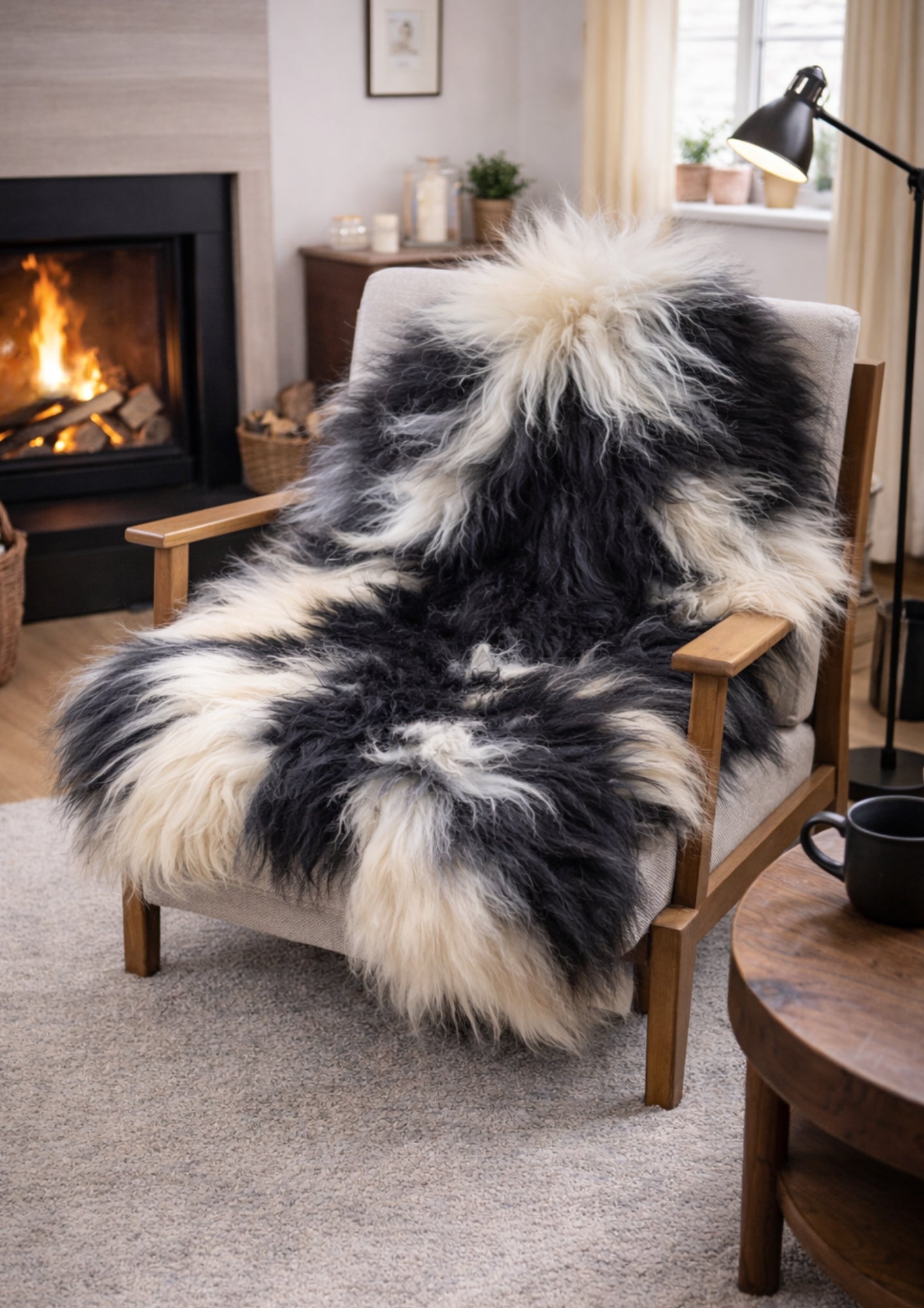 Icelandic sheepskin rug XXL - black, cream, 723