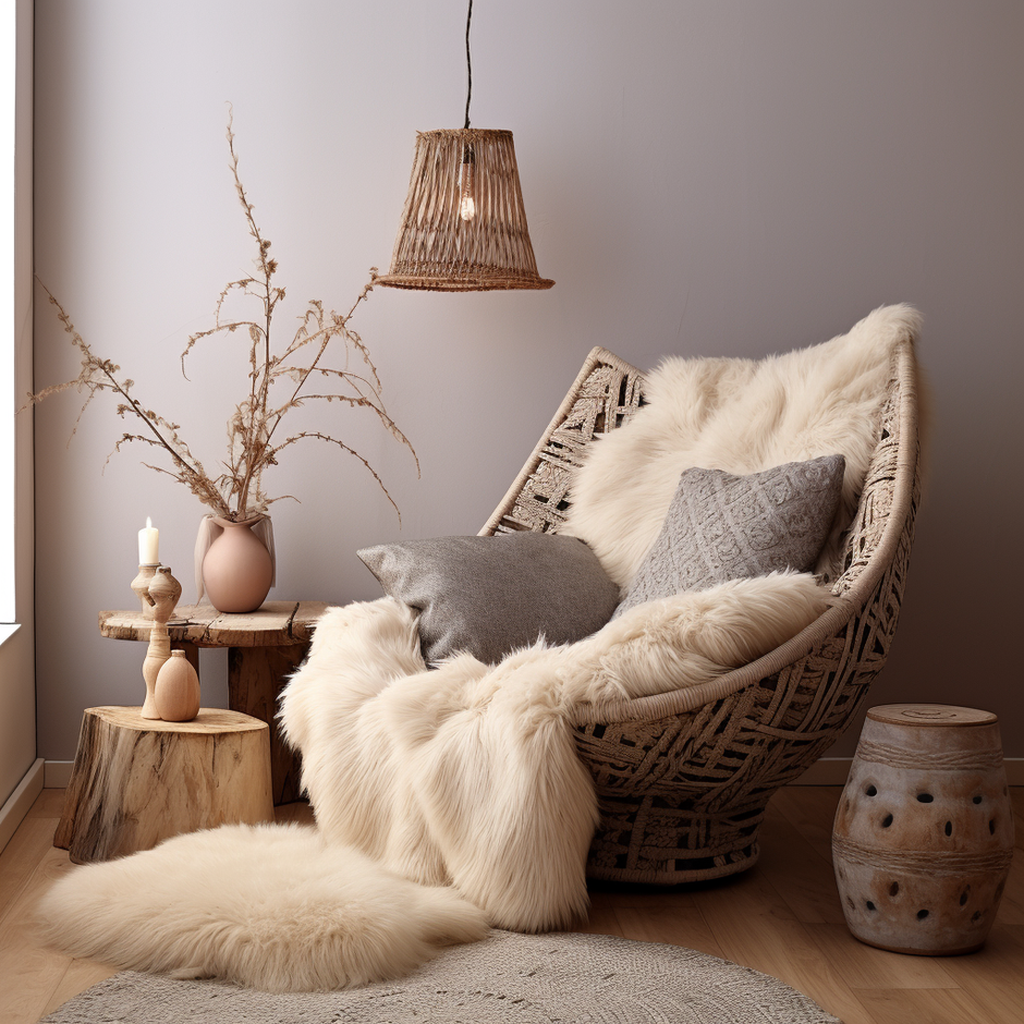Sheepskin rug, cream sheepskin throw on boho chair in cosy stylish room