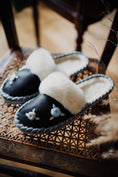 Load image into Gallery viewer, slip on sheepskin slippers, handmade leather mules with fur, leather sole, home shoes
