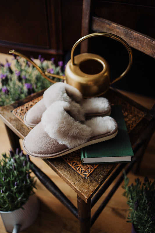 beige slip on sheepskin slippers, grey fur natural leather, rubber sole, Handmade in Poland, by Bamboshe