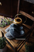 Load image into Gallery viewer, soft grey sheepskin slippers on rubber sole, very comfy and worm, natural fibre, sustainable product, women's footwear, high quality  slip
