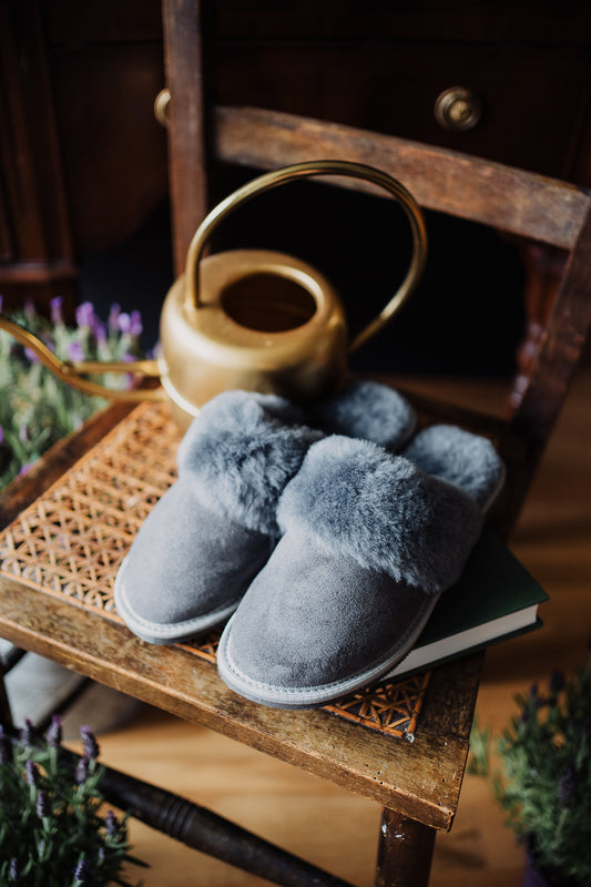 soft grey sheepskin slippers on rubber sole, very comfy and worm, natural fibre, sustainable product, women's footwear, high quality  slip