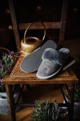 Load image into Gallery viewer, soft grey sheepskin slippers on rubber sole, very comfy and worm, natural fibre, sustainable product, women's footwear, high quality  slip
