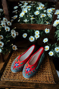 Load image into Gallery viewer, Traditional Polish felt slippers,  folk embroidery, red and grey felt, with flowers pattern, Slippers ballerinas

