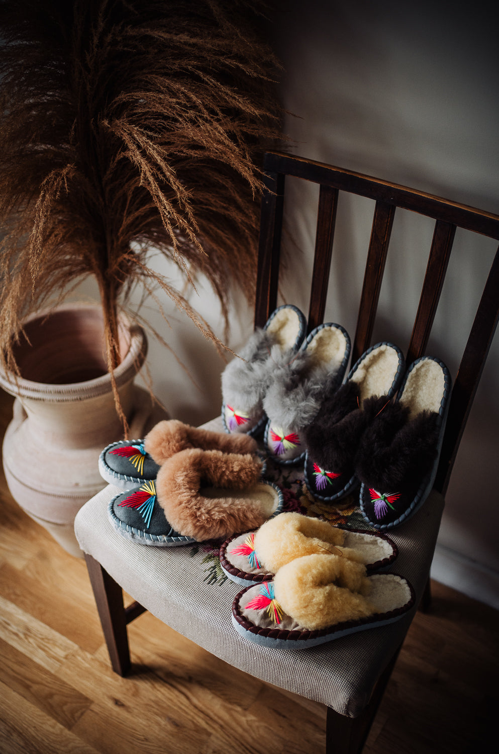 Traditional sheepskin slippers, woollen lining , slip on slippers , lucky dip mules handmade in Poland, sustainability, leather soles