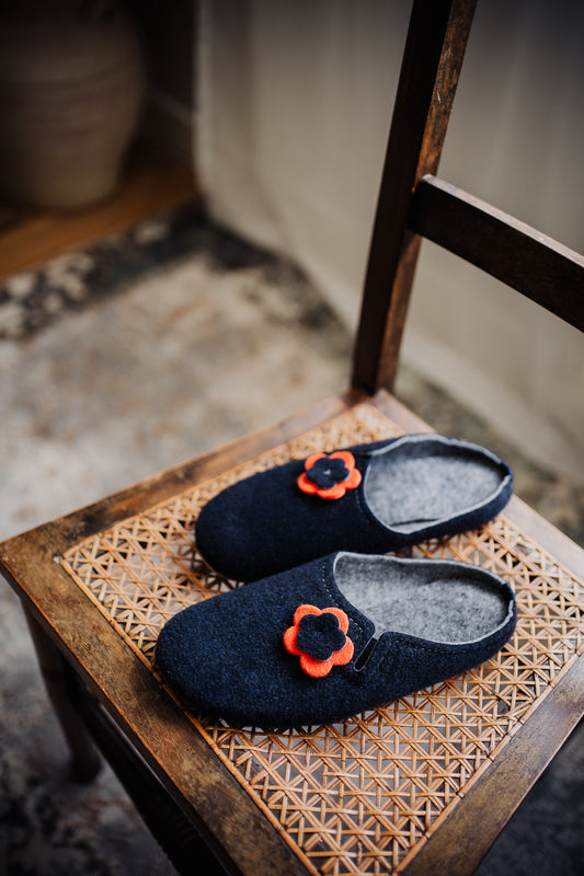 Navy Felt Slippers with Wool