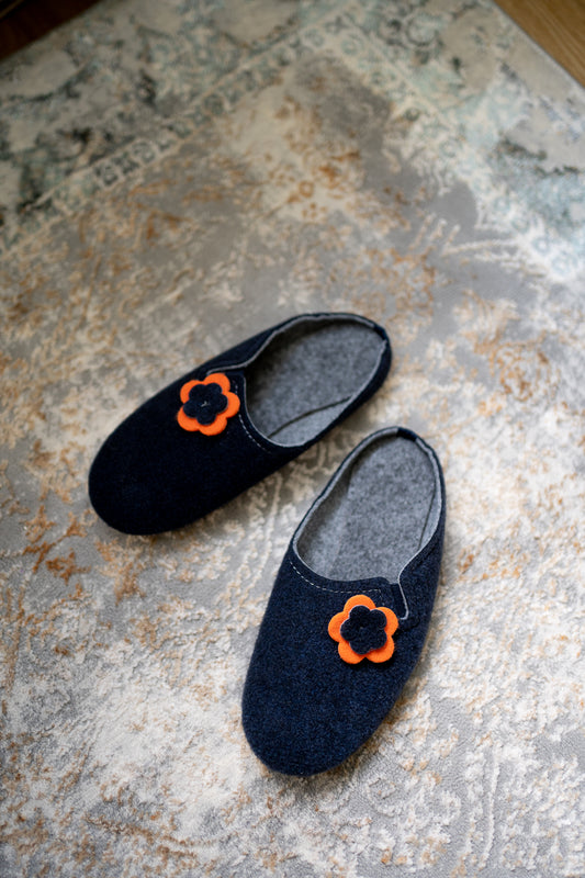 Navy Felt Slippers with Wool