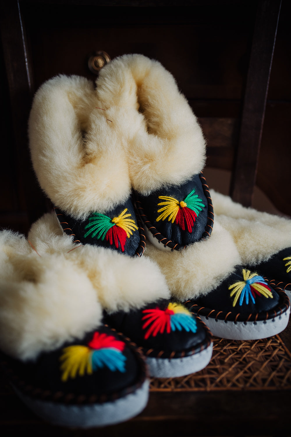 CREAM HANDMADE EMBROIDERED SHEEPSKIN SLIPPERS