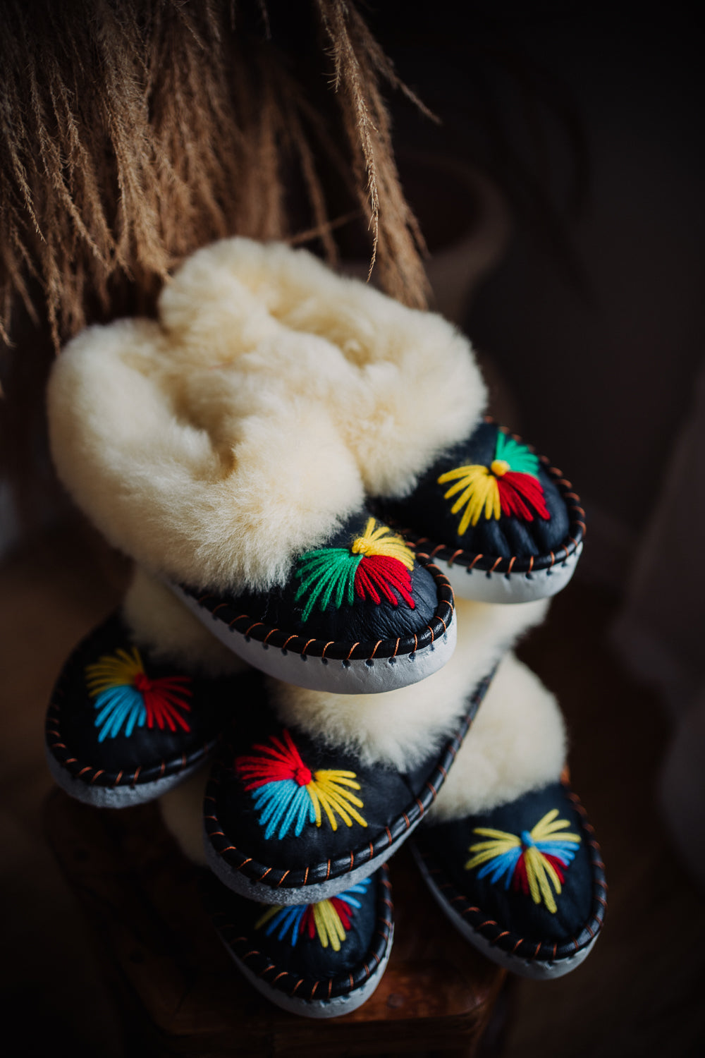 CREAM HANDMADE EMBROIDERED SHEEPSKIN SLIPPERS