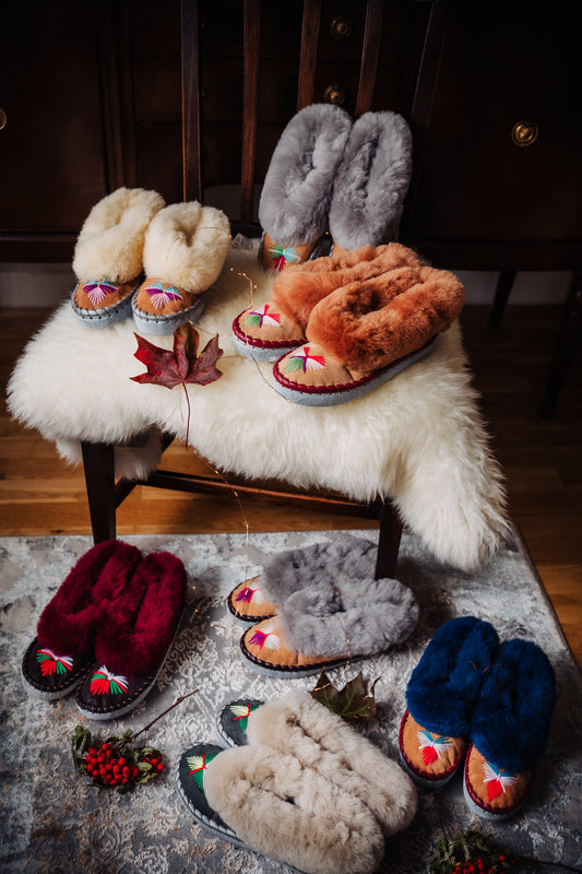 sheepskin moccasins with fur, handmade in Poland, traditional polish slippers mede with leather offcuts, leather sole, women slippers, indoor shoes