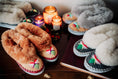 Load image into Gallery viewer, sheepskin moccasins with fur, handmade in Poland, traditional polish slippers mede with leather offcuts, leather sole, women slippers, indoor shoes
