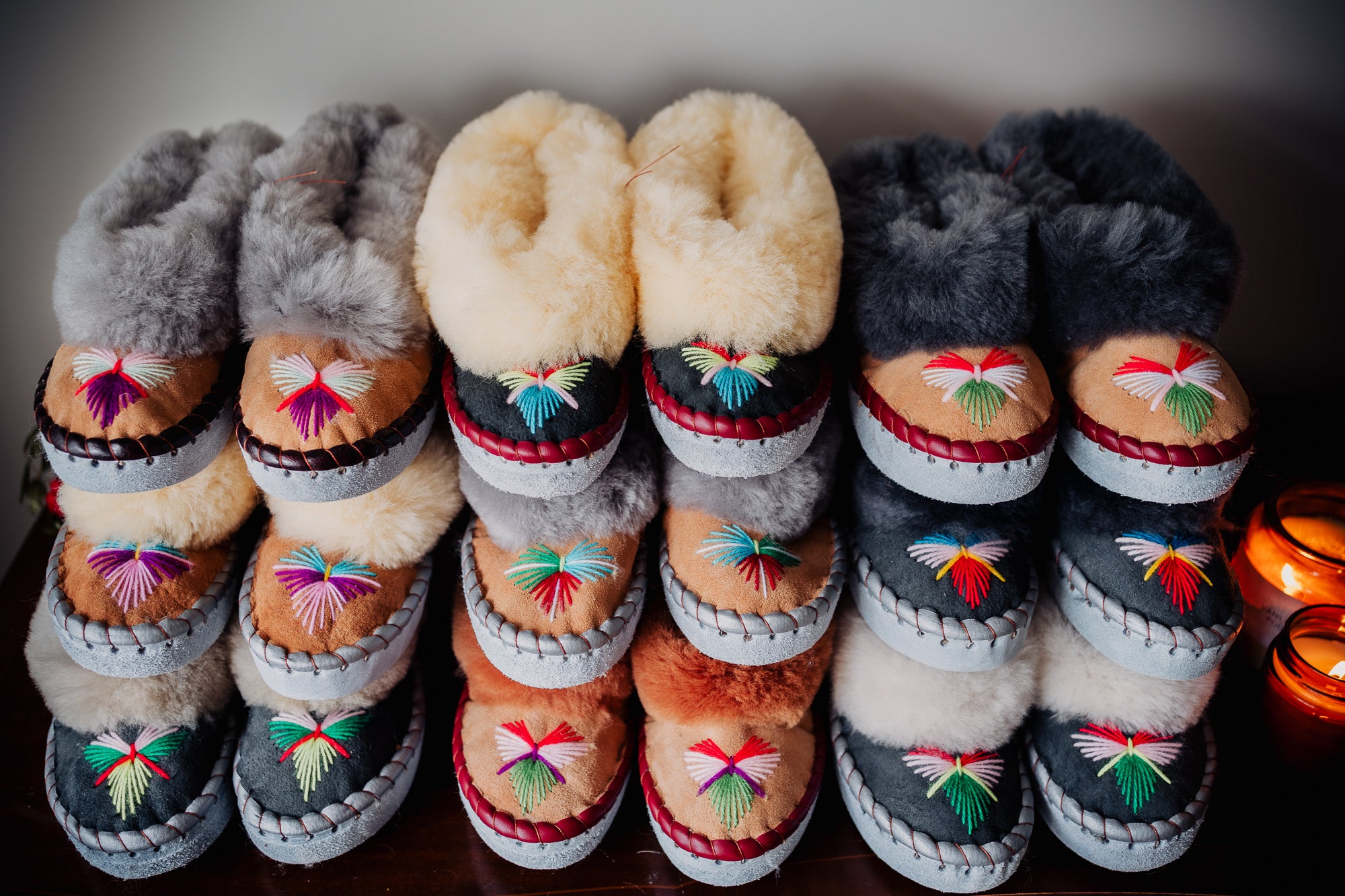 sheepskin moccasins with fur, handmade in Poland, traditional polish slippers mede with leather offcuts, leather sole, women slippers, indoor shoes