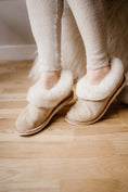 Load image into Gallery viewer, Beige sheepskin leather with white fur, women indoor boots, rubber sole made by Bamboshe, soft sheep leather
