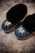 Load image into Gallery viewer, Blue leather sheepskin slippers with black fur and gold embroidery, rubber sole, woollen lining and leather outer
