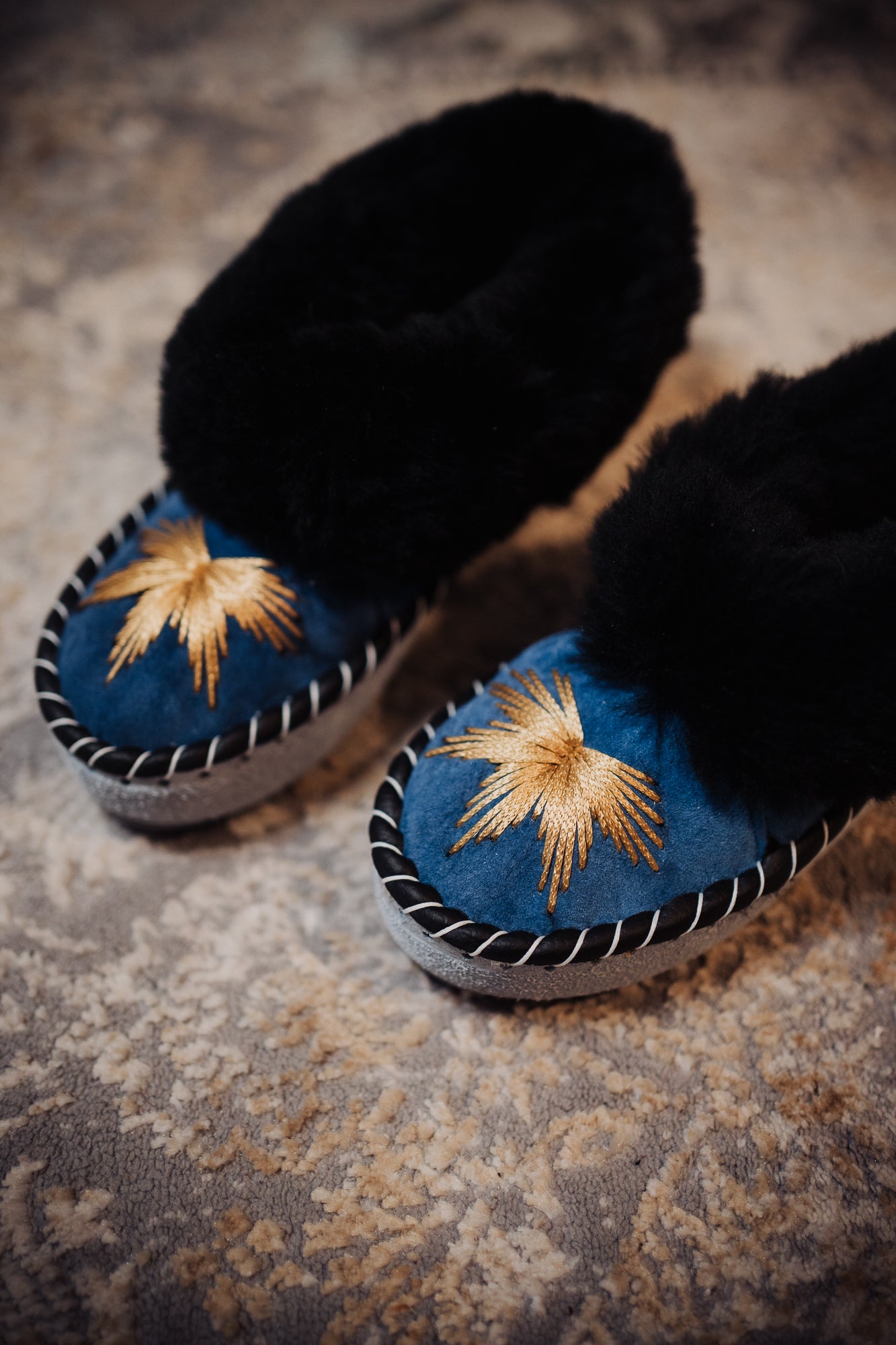 Blue leather sheepskin slippers with black fur and gold embroidery, rubber sole, woollen lining and leather outer